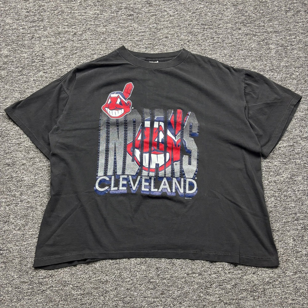 Vintage 1993 Salem Sportswear Cleveland Indians Graphic Black T-Shirt Size XL